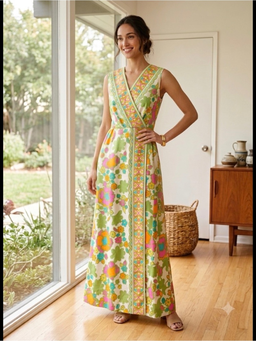 Vintage 1970s  Flower Power Dayglo Floral  Faux Wrap Maxi Mod Hostess Dress 1X